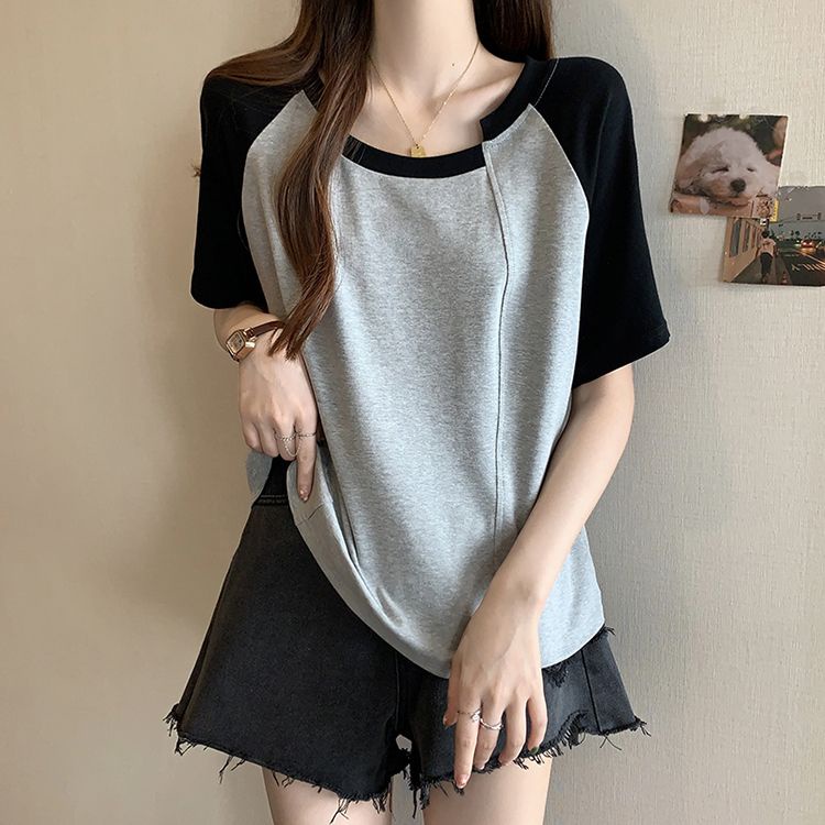 Áo Thun Tay Ngắn Dáng Ôm Cỡ Lớn Màu Tương Phản Phong Cách Hàn Quốc Thời Trang Cho Nữ