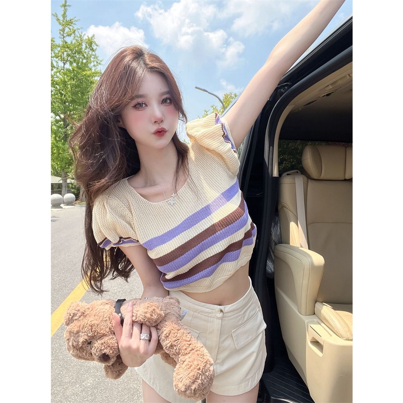 Khuyến Mãi Phong Cách Mới ~ Áo Dệt Kim Ngắn Tay Phồng Họa Tiết Kẻ Sọc Nhiều Màu Sắc Phong Cách Niche Hot Girl