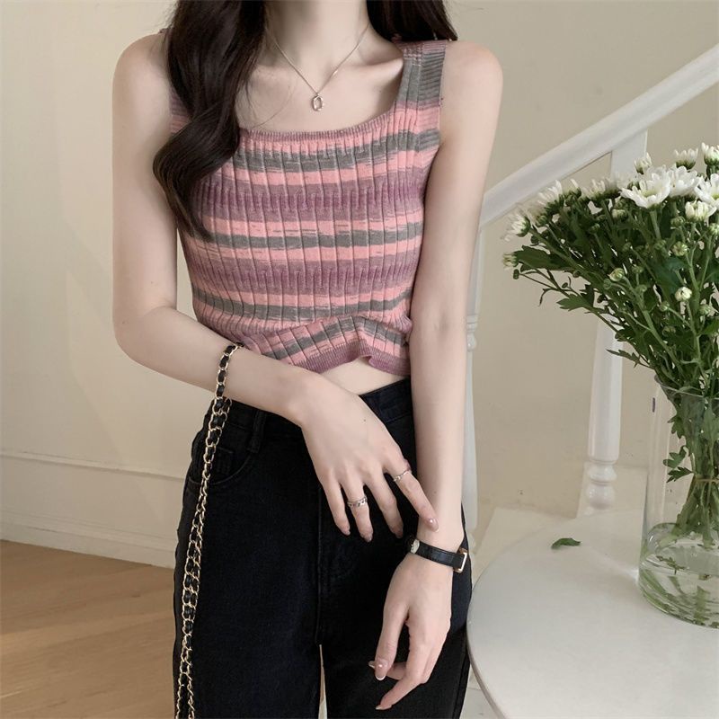 Áo Dệt Kim Hai Dây Cổ Vuông Họa Tiết Kẻ Sọc Nhiều Màu Sắc Thời Trang Mùa Hè Dành Cho Nữ