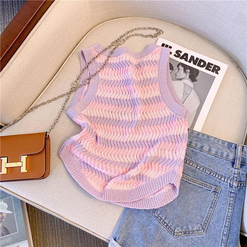 Áo Dệt Kim Hai Dây Dáng Ôm Ngắn Họa Tiết Kẻ Sọc Màu Hồng Thời Trang Mùa Hè Xinh Xắn Cho Nữ