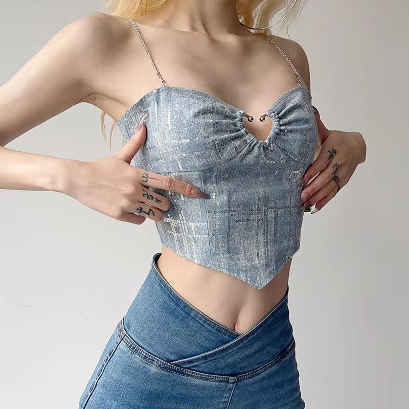 Áo Dây Ngắn Xếp Ly Giả Denim Đính Kim Sa Kiểu Mới Cho Nữ