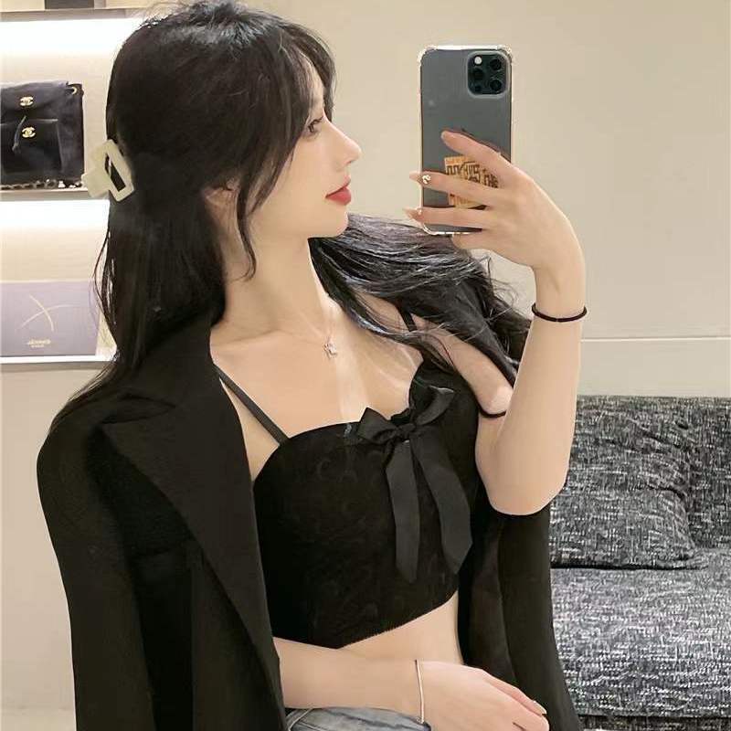 Bán Chạy ~ Áo Hai Dây Phối Ren Thắt Nơ Màu Trơn Phong Cách Mới Với Đệm Ngực Ôm Ngực Cho Nữ