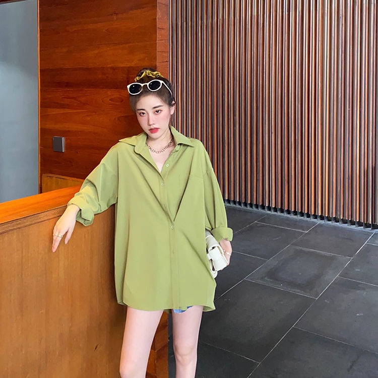 Áo Sơ Mi Nữ Tay Dài Dáng Rộng Cài Khuy Bất Đối Xứng Phong Cách Hàn Quốc Thiết Kế