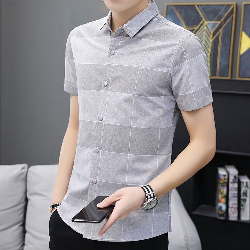 Áo Sơ Mi Nam Tay Ngắn Họa Tiết Caro Chất Liệu Cotton 20% Phong Cách Hàn Quốc Thời Trang Mùa Hè Mới