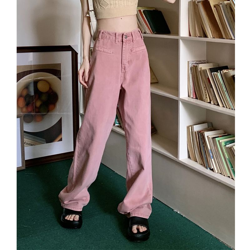 Quần Jean Dài Lưng Cao Ống Rộng Màu Hồng Thời Trang Xuân Thu Phong Cách Hàn Quốc Mới Cho Nữ