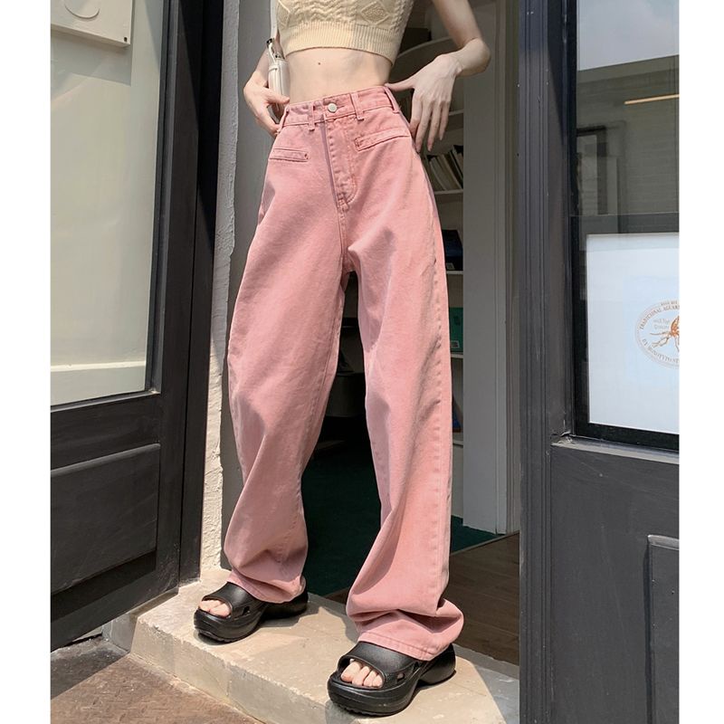 Quần Jean Dài Lưng Cao Ống Rộng Màu Hồng Thời Trang Xuân Thu Phong Cách Hàn Quốc Mới Cho Nữ
