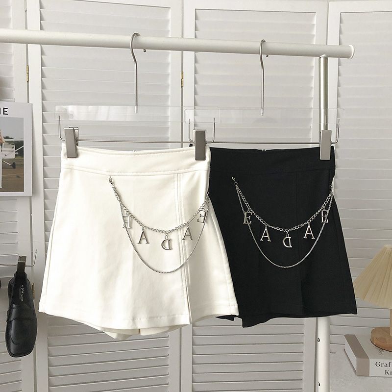 Quần Short Lưng Cao Ống Rộng Phối Dây Xích In Chữ Phong Cách Hàn Quốc Thời Trang Cho Nữ