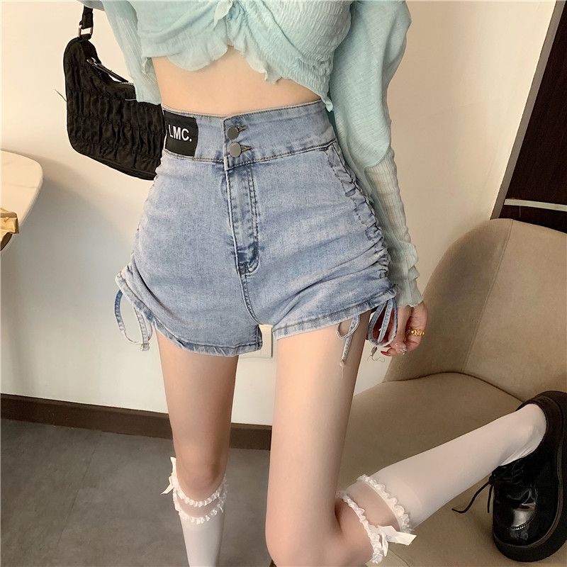Quần Short Denim Dáng Chữ a Ống Rộng Lưng Cao Phối Dây Rút Thời Trang Mùa Hè Hàng Mới Dành Cho Bạn Nữ