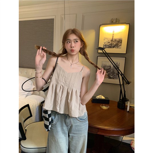 Bán Chạy ~ Áo Hai Dây Nhỏ Màu Trơn Phong Cách Niche Pháp Mặc Ngoài Trời Cho Nữ