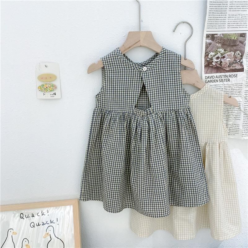 Đầm Cotton Không Tay Họa Tiết Sọc Caro Thời Trang Mùa Hè Hàn Quốc Cho Bé Gái