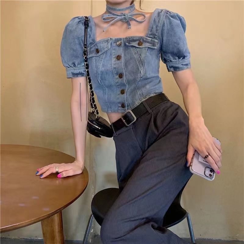 Áo Sơ Mi Denim Tay Ngắn Phồng Cổ Vuông Eo Cao Thời Trang Mùa Hè Dành Cho Nữ
