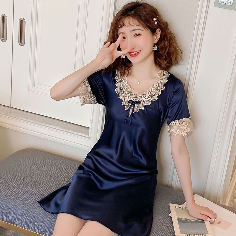 Đầm Ngủ Lụa Tay Ngắn Phối Ren Thời Trang Mùa Hè Hàng Mới 2023