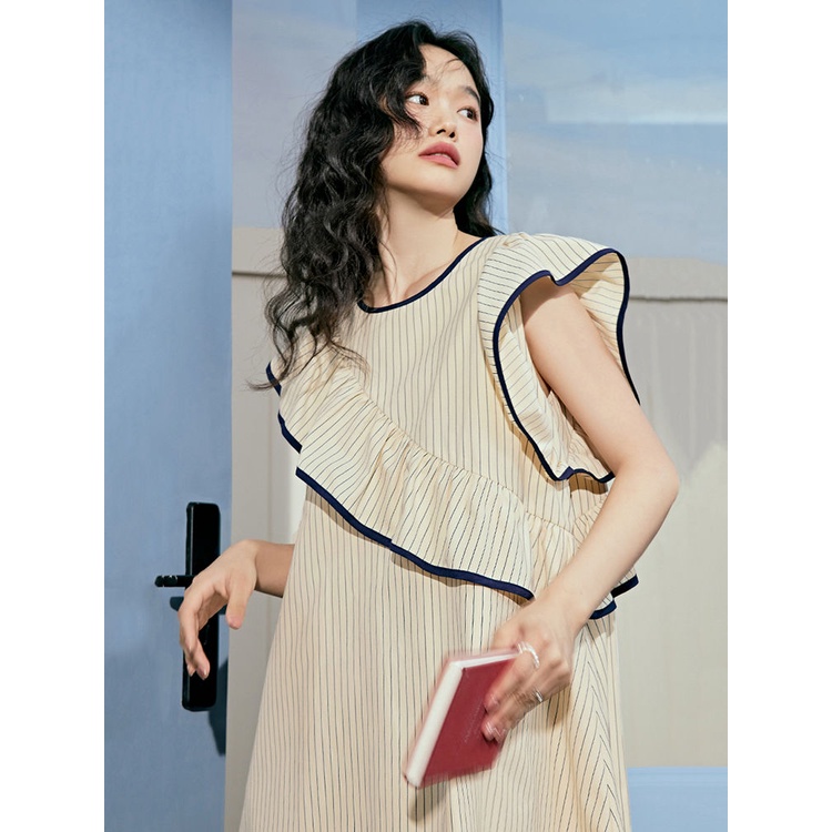 Đầm Ngắn Không Tay Viền Bèo Họa Tiết Kẻ Sọc Thời Trang Mùa Hè Phong Cách Mới Cho Nữ