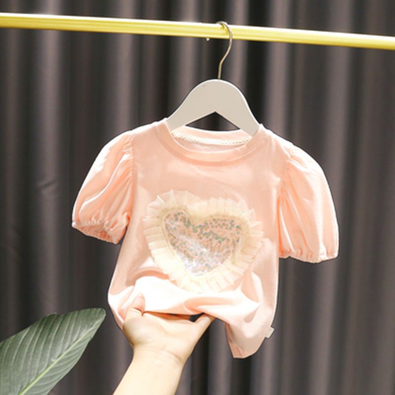 Hàng Có Sẵn ~  Áo Thun Tay Ngắn Bong Bóng Đính Kim Sa Trái Tim Phong Cách Mới Mùa Hè Cho Bé Gái