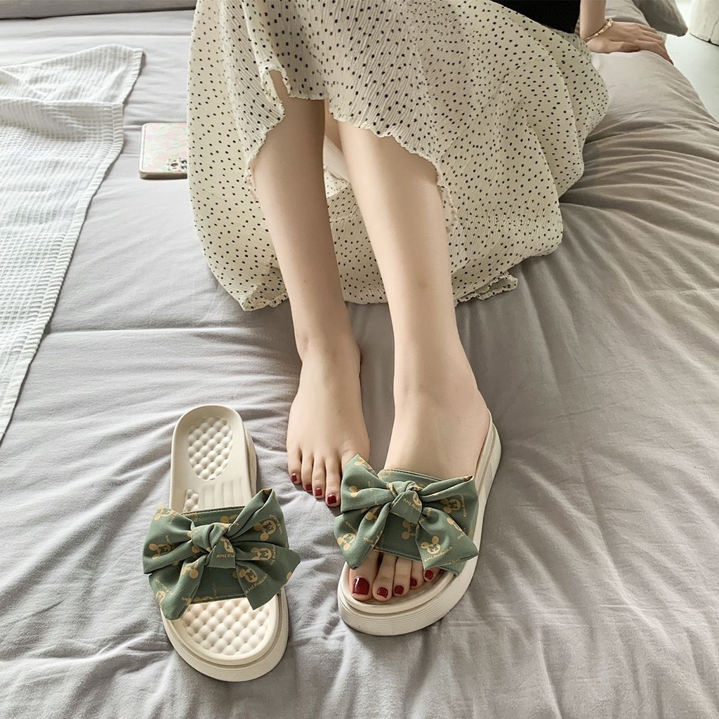 Dép Sandal Đế Phẳng Dày Dặn Đính Nơ Dễ Thương Thoải Mái Thời Trang Mùa Hè Dành Cho Bạn Nữ Mang Ngoà