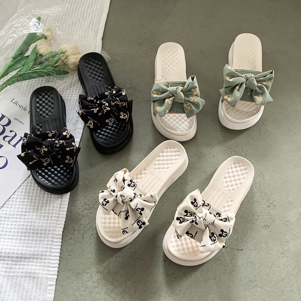 Dép Sandal Đế Phẳng Dày Dặn Đính Nơ Dễ Thương Thoải Mái Thời Trang Mùa Hè Dành Cho Bạn Nữ Mang Ngoà