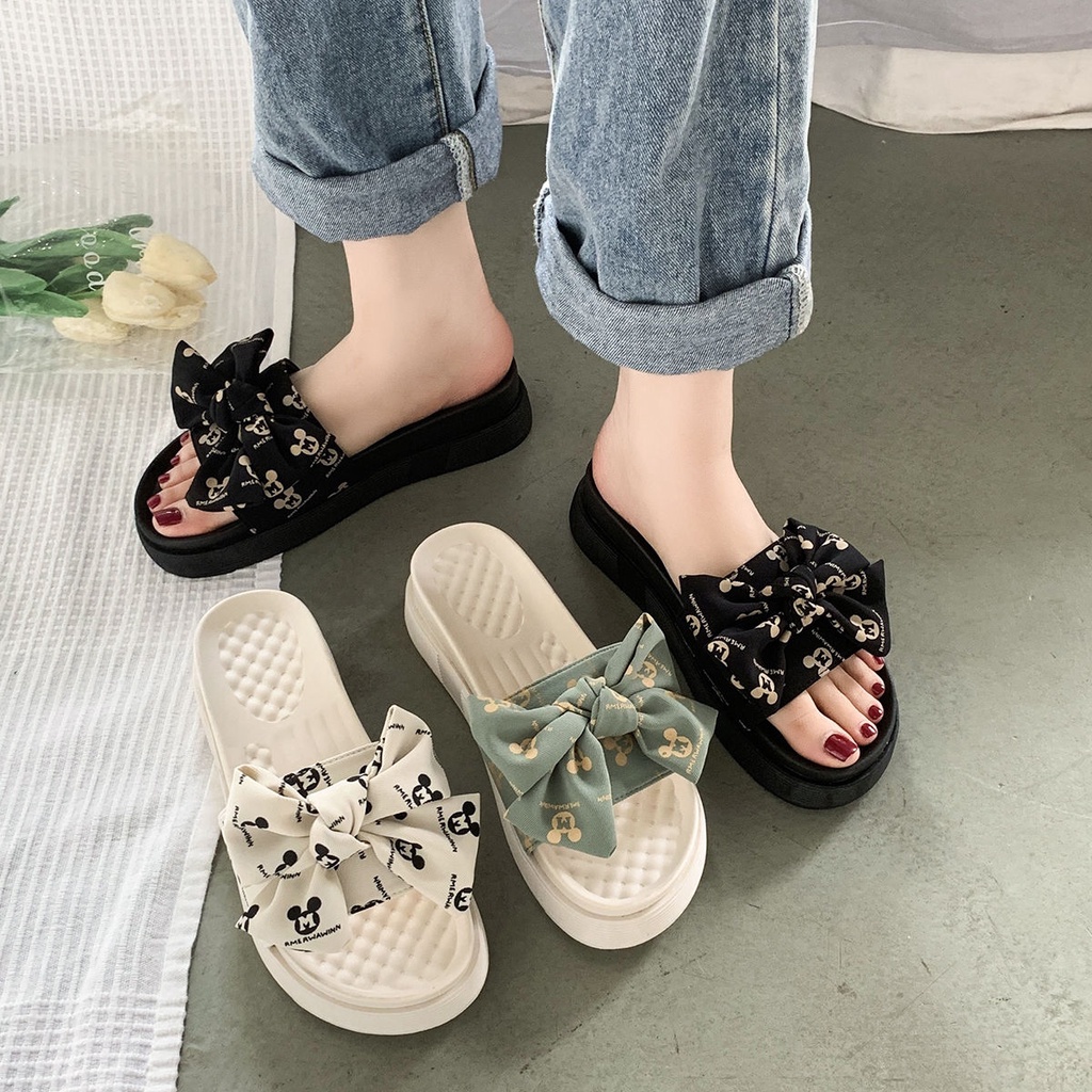 Dép Sandal Đế Phẳng Dày Dặn Đính Nơ Dễ Thương Thoải Mái Thời Trang Mùa Hè Dành Cho Bạn Nữ Mang Ngoà