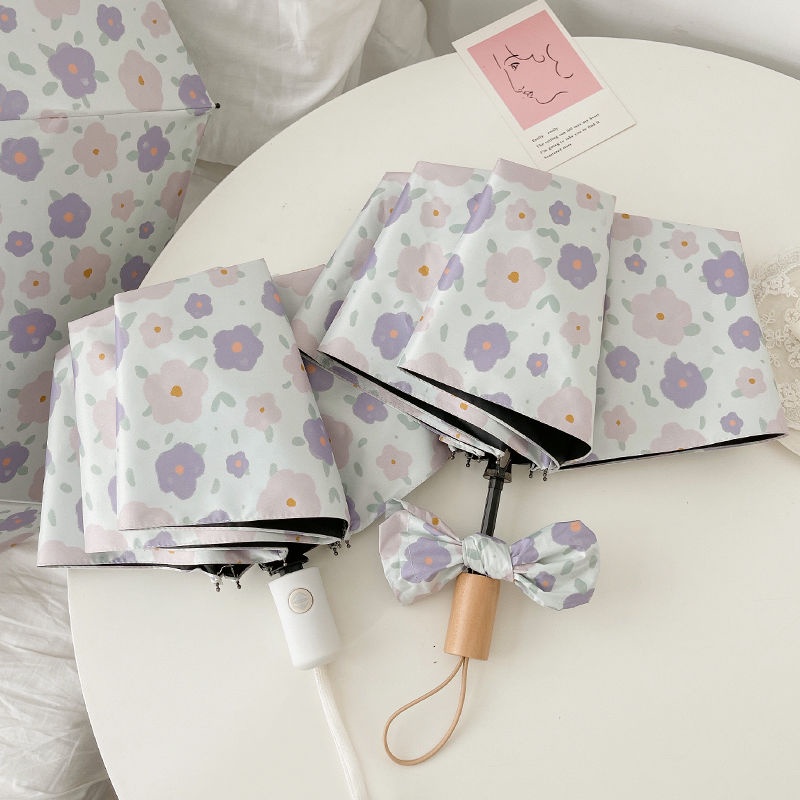 Dù Nhựa Màu Đen Chống Nắng / Tia UV In Họa Tiết Hoa Nhỏ Gọn Dành Cho Bạn Nữ