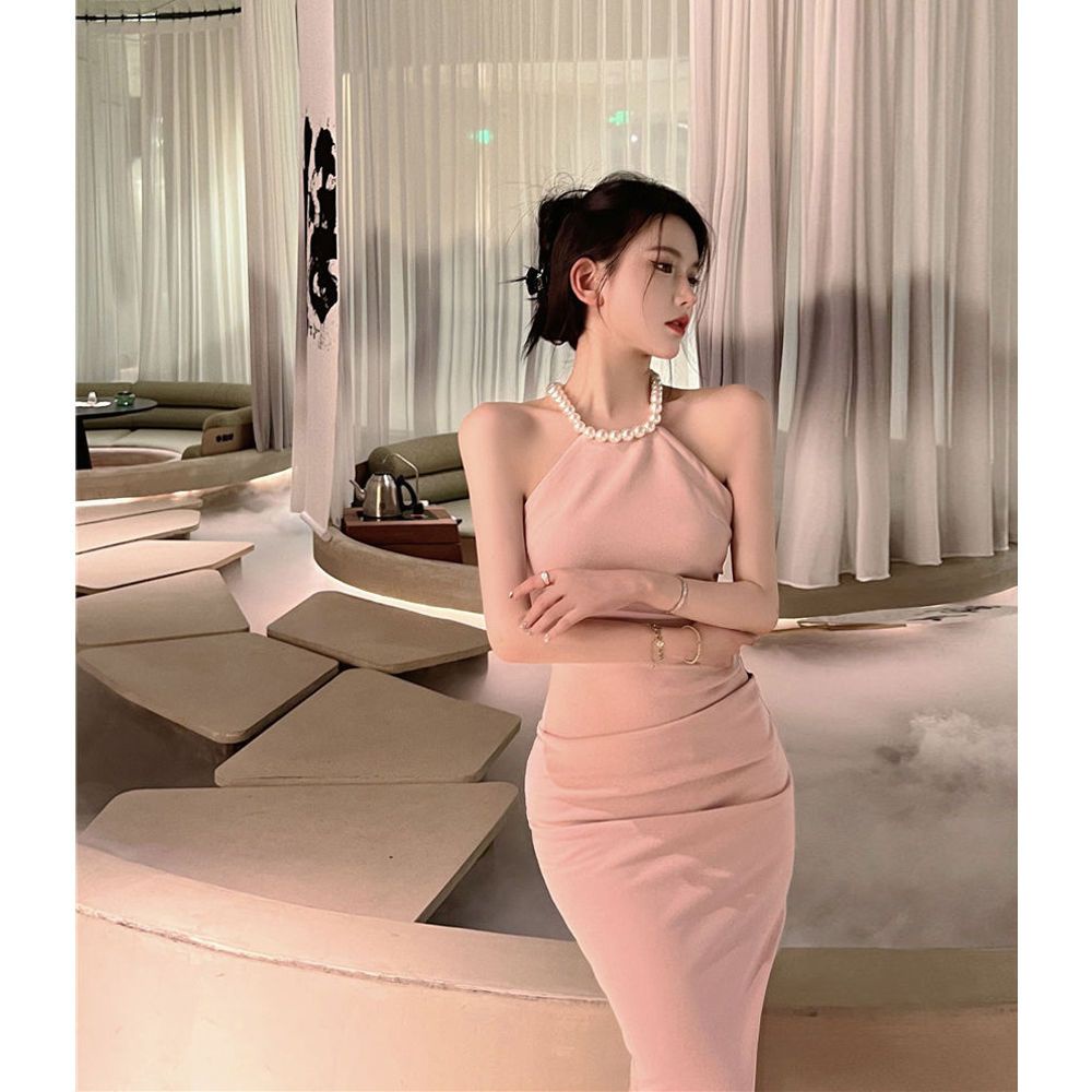 Đầm Hai Dây Ôm Eo Xẻ Tà Màu Hồng Thời Trang Mùa Hè Dành Cho Nữ