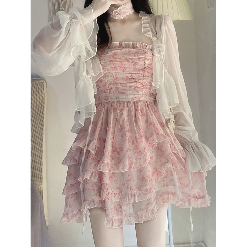 Set Áo Cardigan Phong Cách Pháp Thời Trang Mùa Hè 2023 + Đầm Ống Mỏng Họa Tiết Hoa Cho Nữ