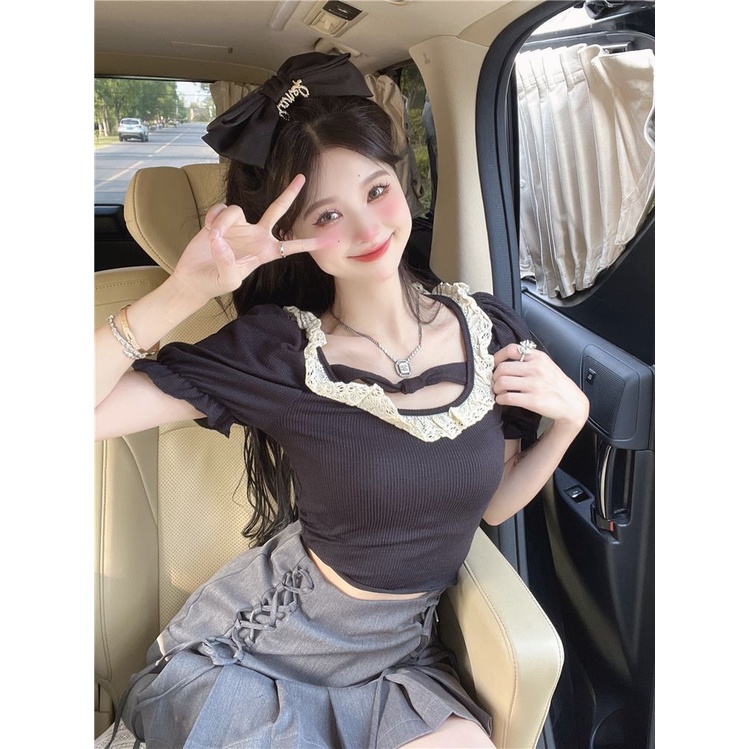 COZOK Áo Thun Tay Ngắn Cổ Vuông Phối Ren Thời Trang