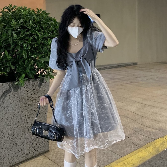 Đầm Dài Qua Gối Tay Phồng Đính Nơ Phong Cách Retro Pháp Thời Trang Mùa Hè Dành Cho Học Sinh