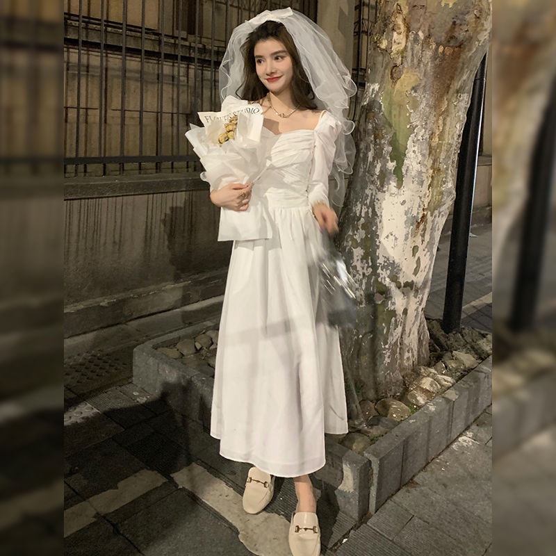 Đầm Trắng Dài Tay Lãng Mạn Thời Trang Mùa Thu Pháp Mới Cho Nữ