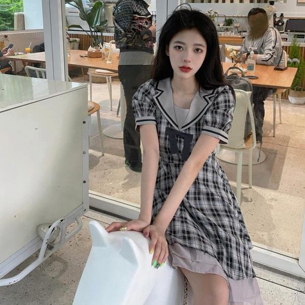 Đầm Ngắn Tay Cổ Thủy Thủ Thắt Nơ Eo Cao Phong Cách Preppy Nhật Bản Mùa Hè Cho Học Sinh