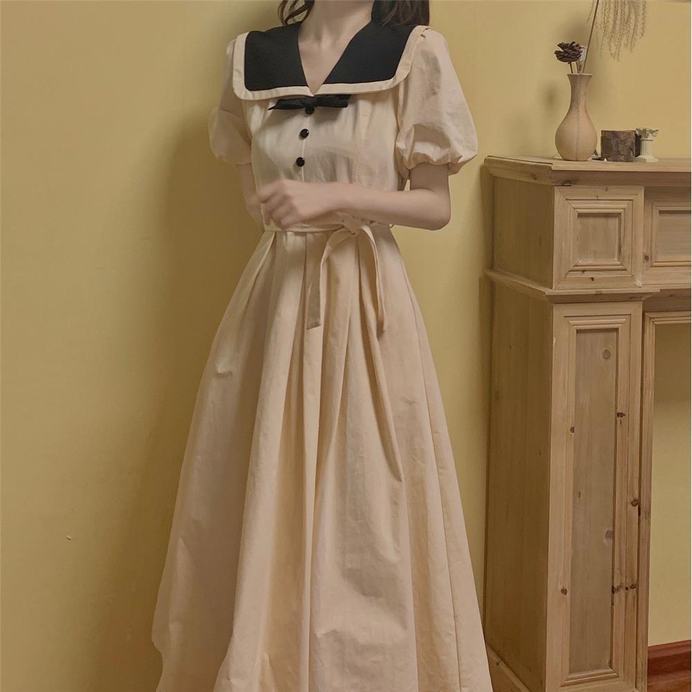 Đầm Dài Cổ Thủy Thủ Ôm Eo Thoải Mái Phong Cách Retro Pháp Ngọt Ngào Cho Nữ