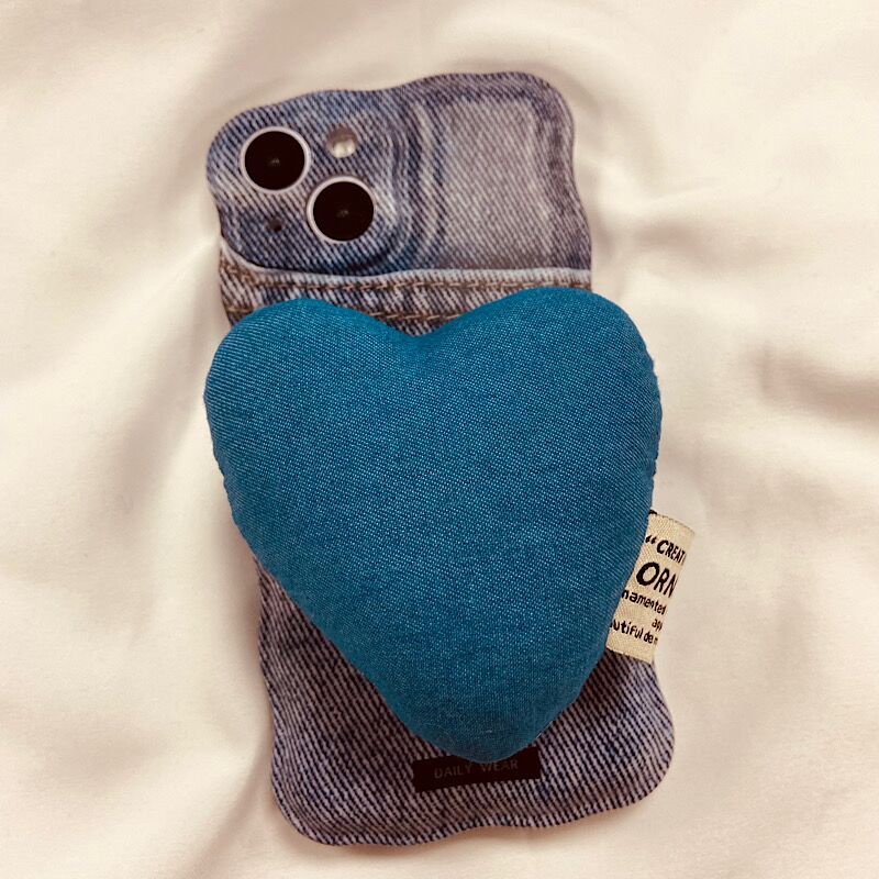 Ốp Điện Thoại Họa Tiết Denim Có Vòng Tay Đỡ Hình Trái Tim Cho Iphone 14Promax 11 12