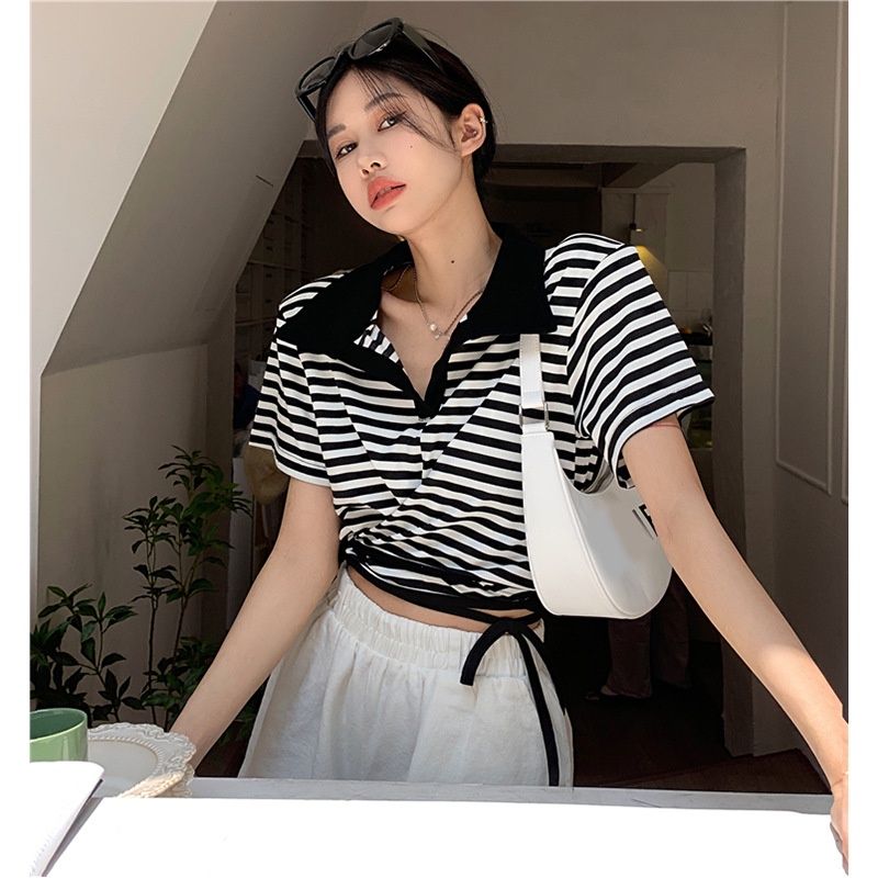 WANG JIAO ZHAN Áo thun dáng rộng tay ngắn cổ chữ V sọc thời trang cho nữ