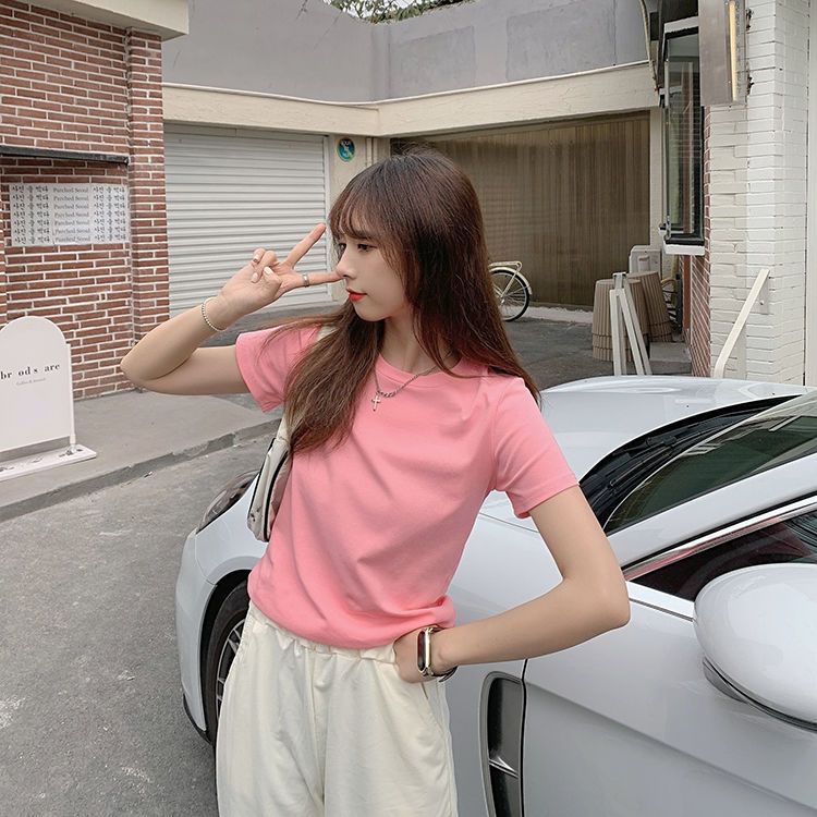 Áo Thun 100% Cotton Tay Ngắn Màu Hồng Đào Phong Cách Thời Trang Hàn Quốc Mới