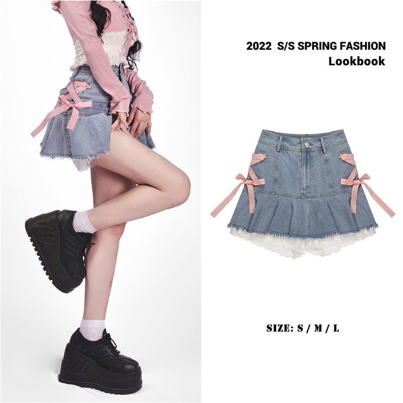 Cô Gái Miri Cô Gái Miri│Chân Váy Denim Chữ a Xếp Ly Cột Dây Màu Hồng Phối Ren Thời Trang Xuân Thu Cho Nữ