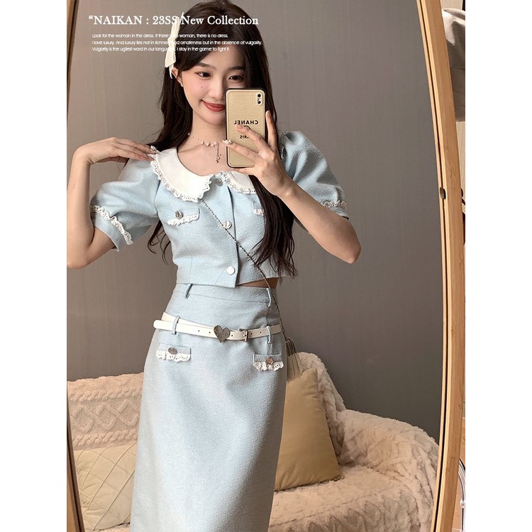 Bộ Áo Phối Ren Màu Xanh Dương + Chân Váy Thời Trang Mùa Hè 2023 Phong Cách Hàn Quốc Cho Nữ