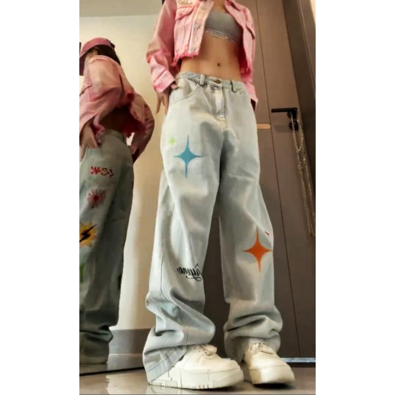 Quần Jeans Nữ Ống Rộng Thêu Họa Tiết Phong Cách Hip Hop Đường Phố Âu Mỹ