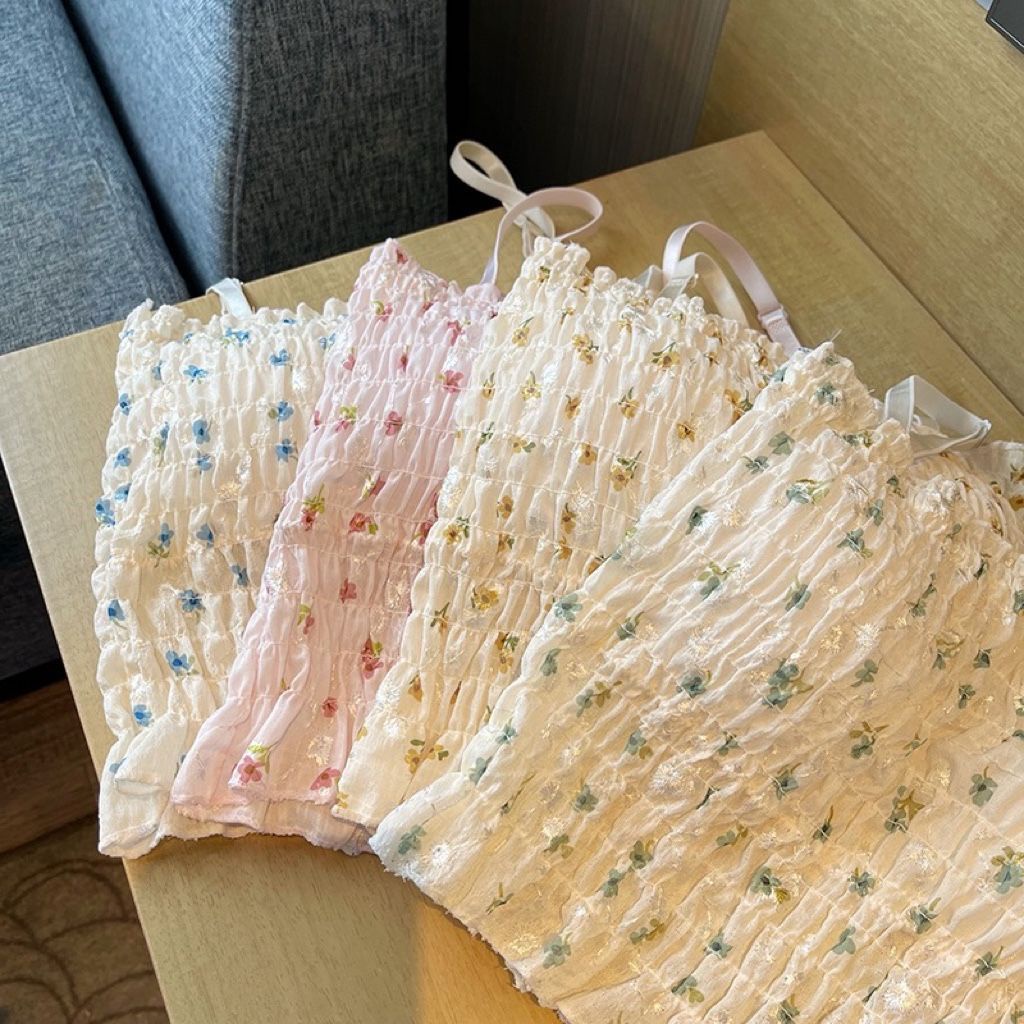 Áo Hai Dây Mùa Hè 2023 Có Đệm Ngực Họa Tiết Hoa Nhỏ Xếp Ly Sang Trọng Có Dây Đai Ngực Cho Nữ