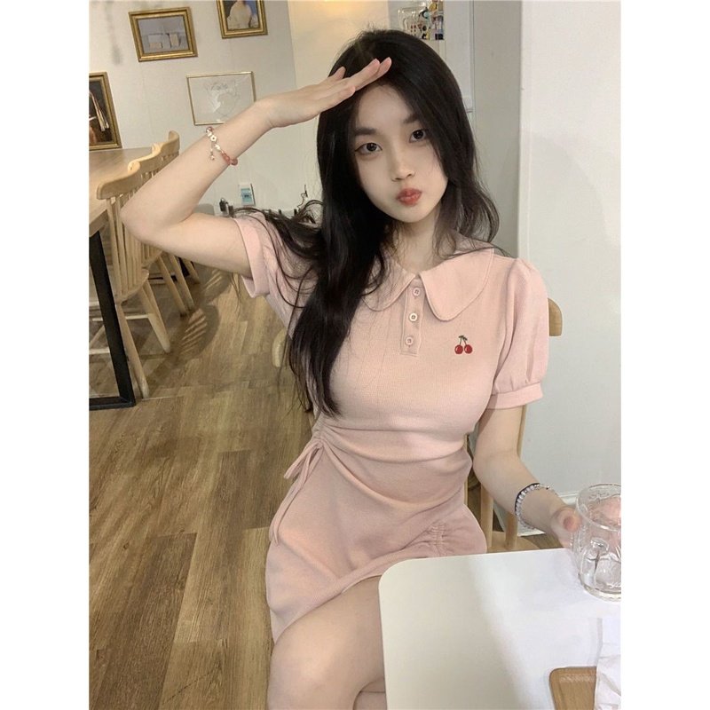 Jiashucheng Đầm Ngắn Tay Phối Dây Rút Thời Trang Mùa Hè Phong Cách Mới Cho Nữ