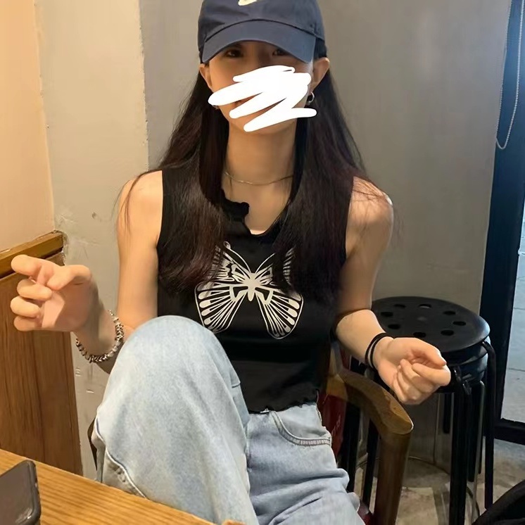 Áo Hai Dây Dáng Ngắn Họa Tiết Bướm Màu Đen Phong Cách Retro Mỹ Thời Trang Mùa Hè Xinh Xắn