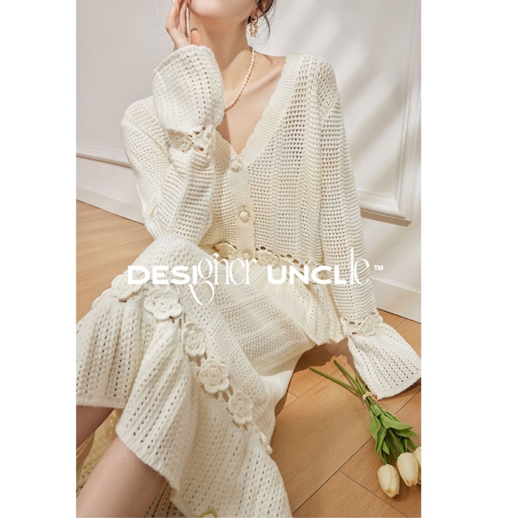 Bộ Áo Dệt Kim + Chân Váy Lưng Cao Khoét Rỗng Thời Trang Mùa Hè Phong Cách Pháp Cho Nữ