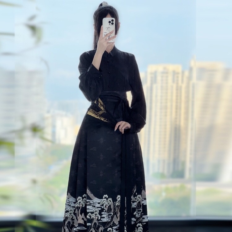 ~ Akiko Tsukimin Bộ Váy Hán Phục Ngắn Cổ Đứng Cho Nữ Sông Núi Hàng Ngày