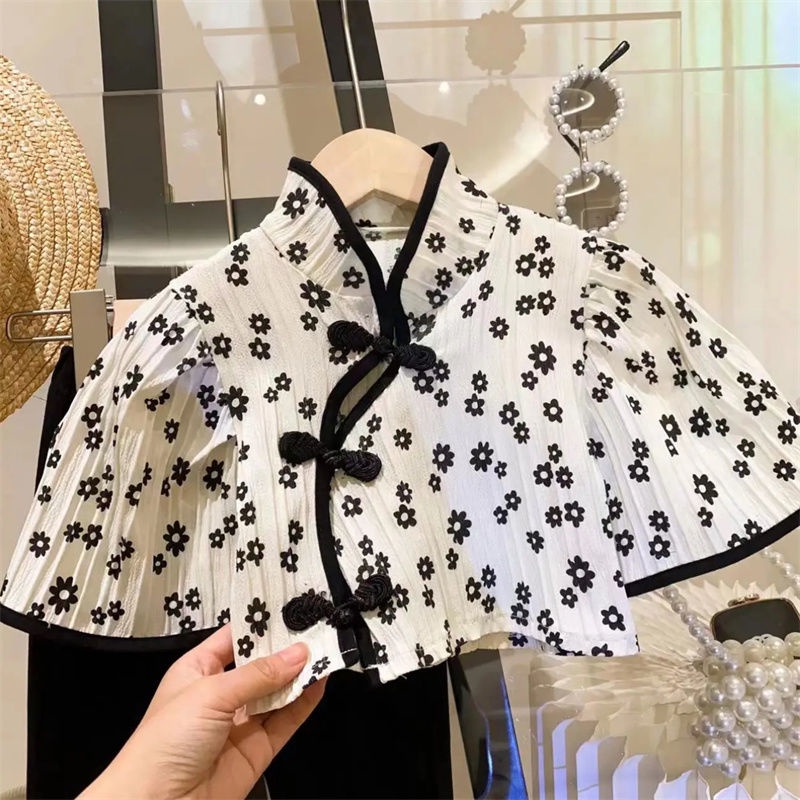 Set Áo Thun Tay Ngắn + Quần Ống Loe Họa Tiết Hoa Phong Cách Trung Quốc Cổ Điển Hàng Mới 2023 Dành Cho Bé Gái