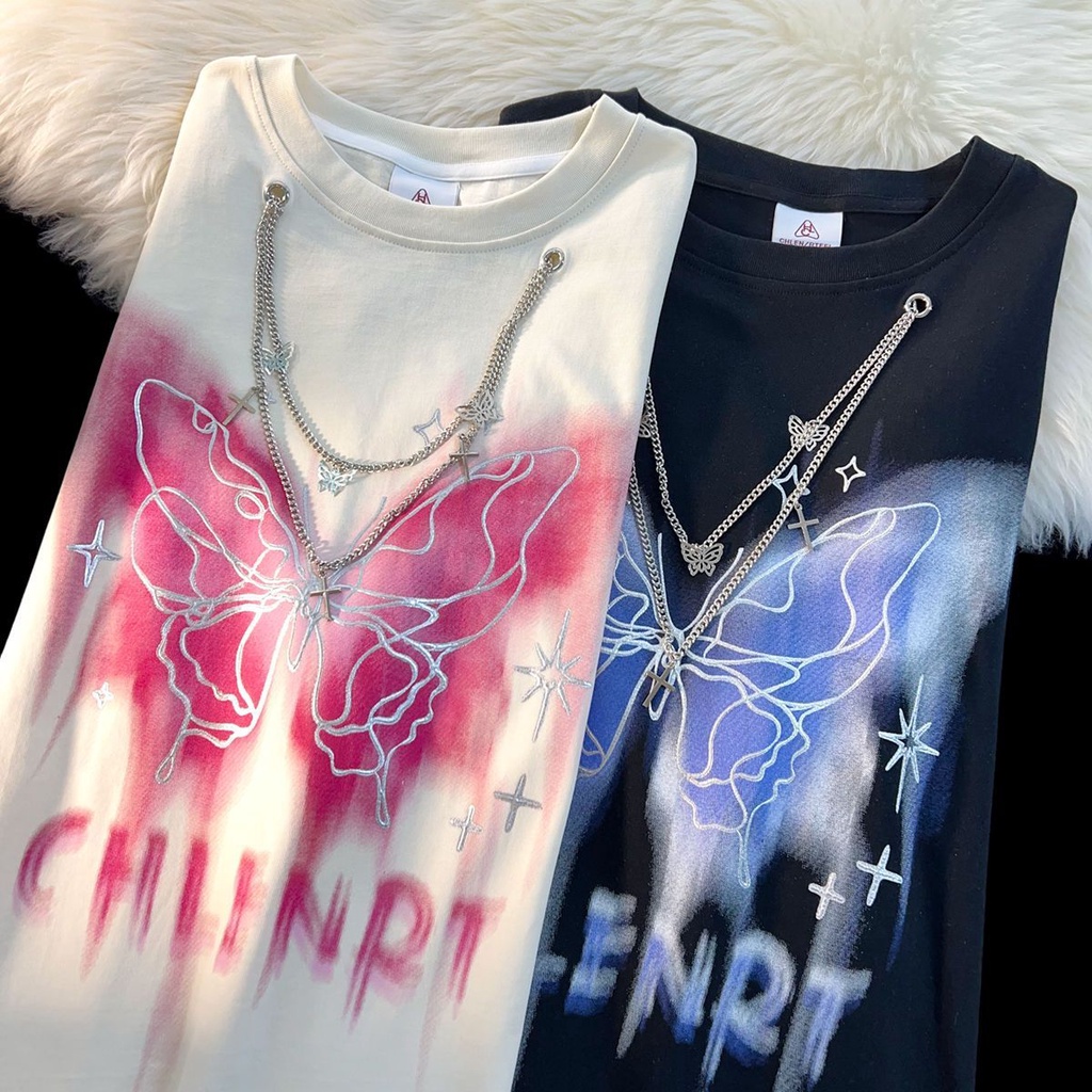 Áo Thun Tay Ngắn Cổ Tròn In Hình Bướm Phong Cách Mỹ Cổ Điển Thời Trang Mùa Hè Mới Cho Nữ