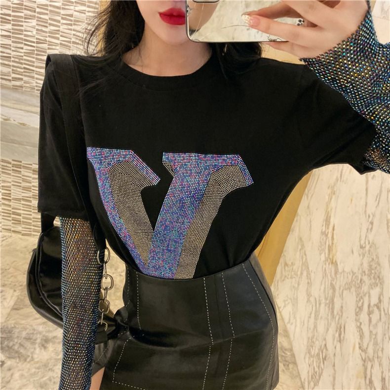 Hàng Châu Âu Siêu Hot ins Cùng Phong Cách Công Nghiệp Nặng Áo Giả Hai Mảnh Cổ Tròn Dáng Rộng Lấp Lánh Phong Cách Mới t @