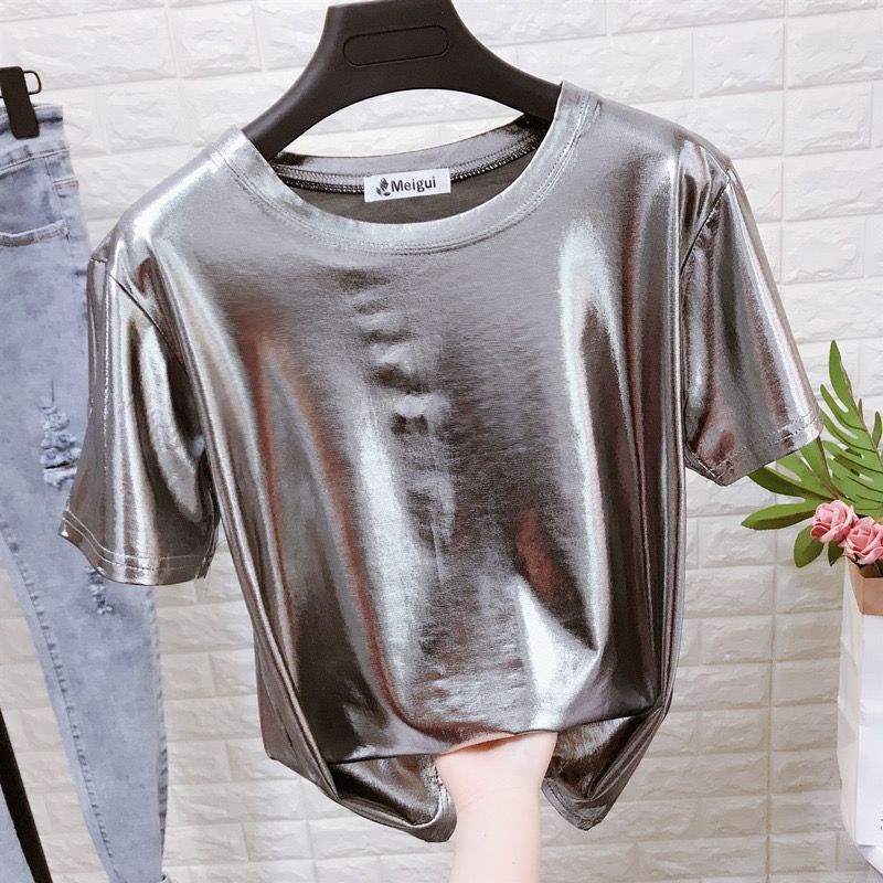 Áo Thun Tay Ngắn Cổ Tròn Dáng Rộng Màu Ánh Kim Lấp Lánh Phong Cách Mới Mùa Hè Cho Nữ