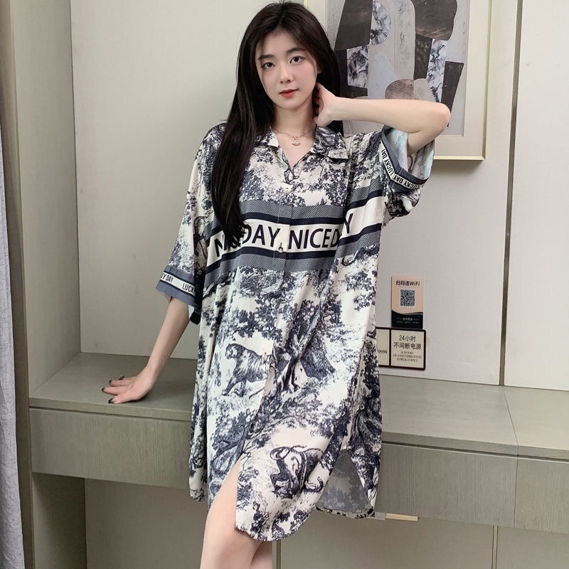 Hàng Mới Về Mới Đầm Ngủ Tay Ngắn Chất Lụa Lạnh Dáng Rộng Thời Trang Cho Nữ