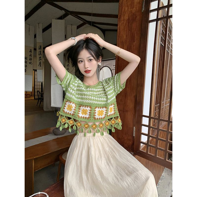 Bộ Áo Len Tay Ngắn Phối Tua Rua + Chân Váy Lửng Màu Sắc Tương Phản Phong Cách Bohemian Thời Trang Mùa Hè Dành Cho Nữ