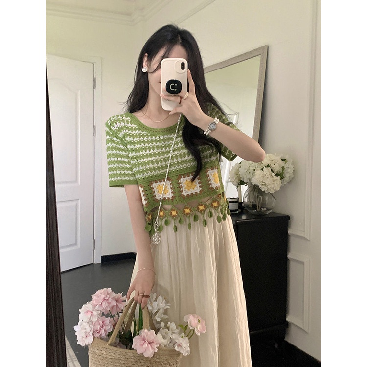 Bộ Áo Len Tay Ngắn Phối Tua Rua + Chân Váy Lửng Màu Sắc Tương Phản Phong Cách Bohemian Thời Trang Mùa Hè Dành Cho Nữ