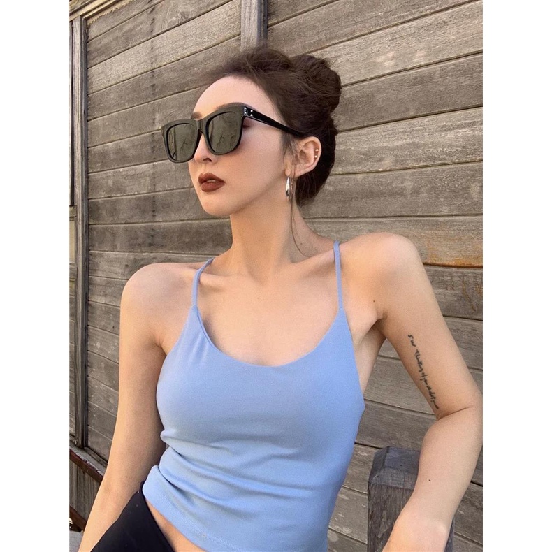 Áo Hai Dây Dáng Ngắn Hở Lưng Màu Trơn Quyến Rũ Thời Trang Hàn Quốc Dành Cho Nữ Mặc Ngoài Nhà Búp Bê Barbie / Lõi Bú