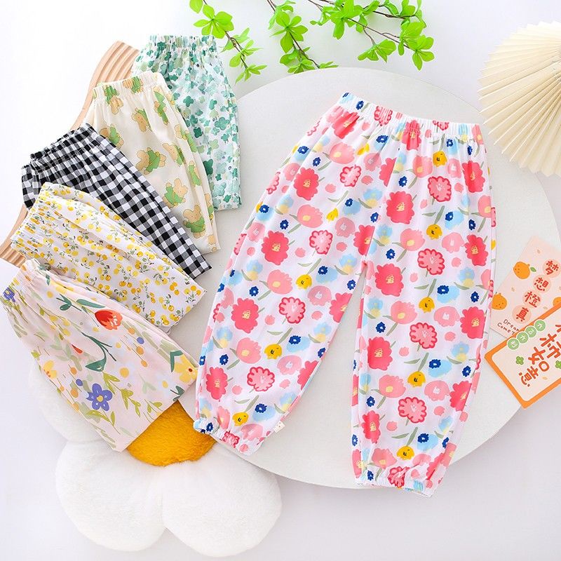 Quần Dài Ngủ Bằng Lụa Cotton Mỏng Chống Muỗi Thời Trang Cho Bé Gái
