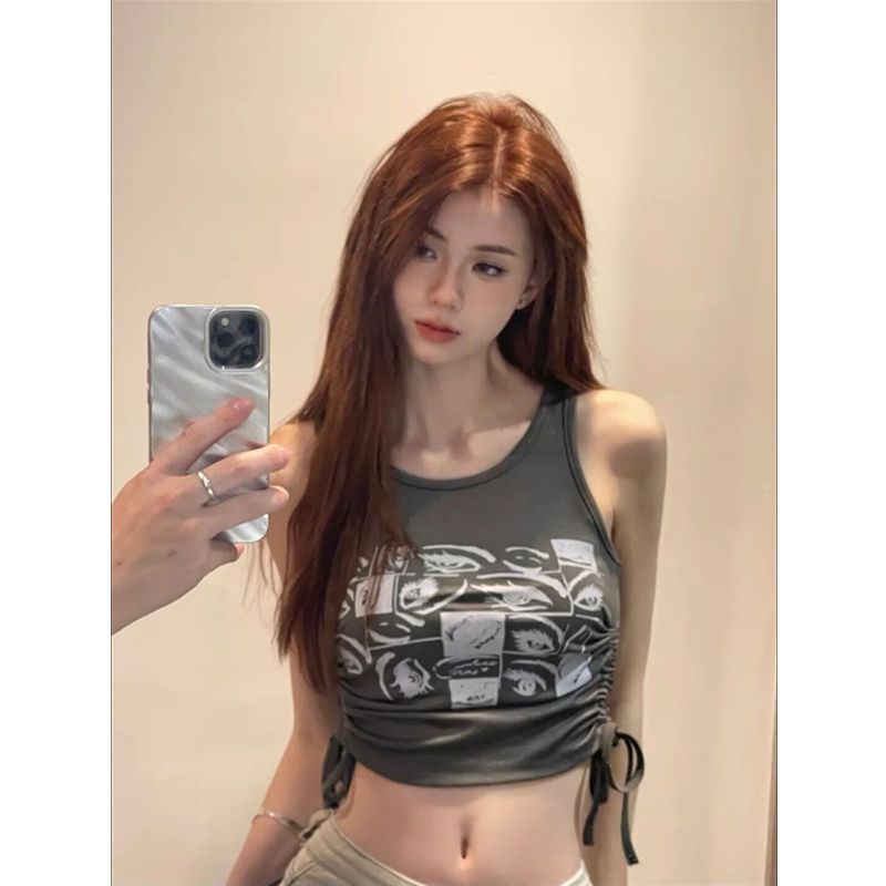Hot Sale ~ Áo Hai Dây Ngắn Hở Rốn Không Tay In Họa Tiết Mắt Sáng Tạo Phong Cách Retro Thời Trang Nữ Hot Girl